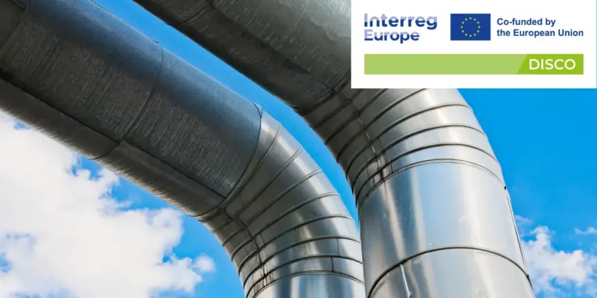 Image of district heating pipes and the sky, overlayed with DISCO project logo.