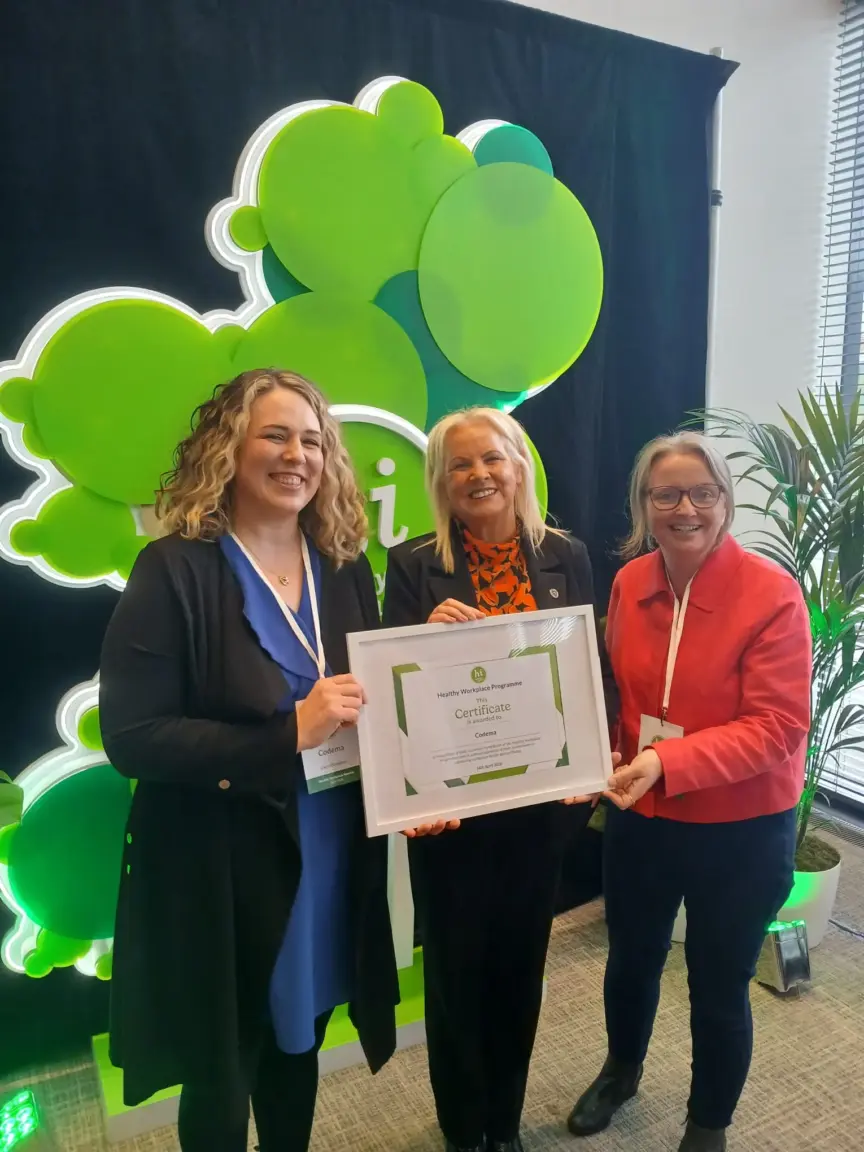 From left to right, pictured in the image are Codema's Claire Donoghue, Minister of State for Health Jennifer Murnane O'Connor and Codema's Edel Giltenane. They are holding the certificate that Codema has been awarded.