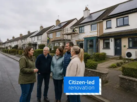 Neighbours chat on a street as their houses are retrofitted.