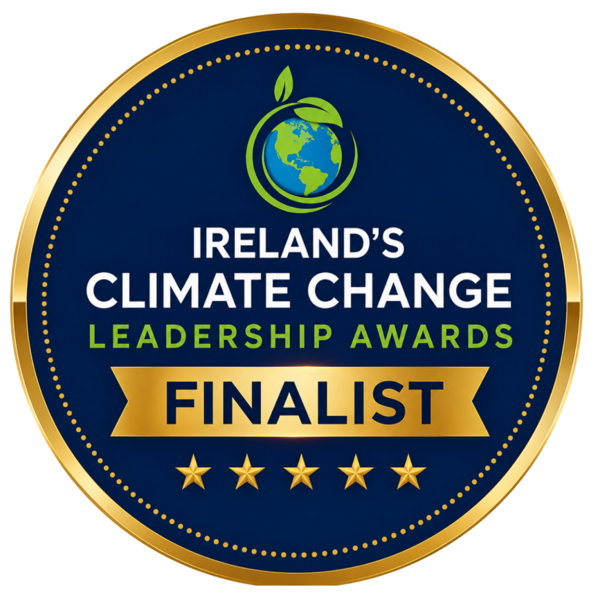 Circular Badge stating 'Finalist' for Ireland's Climate Change Leadership Awards