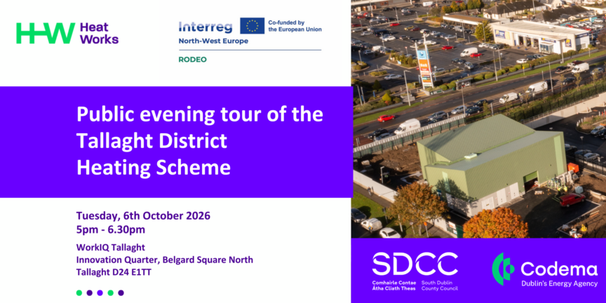 Graphic with aerial photo of the Tallaght District Heating Scheme, accompanied by text giving details about the tour.